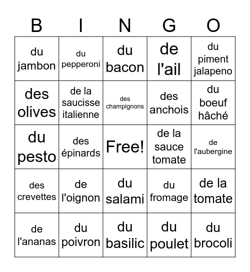 La pizza Bingo Card