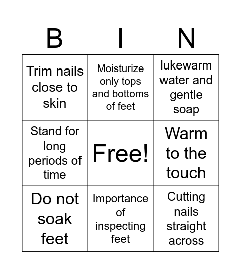 Diabetic Foot Care BINGO Card