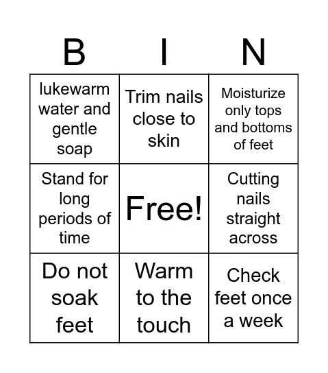 Diabetic Foot Care BINGO Card