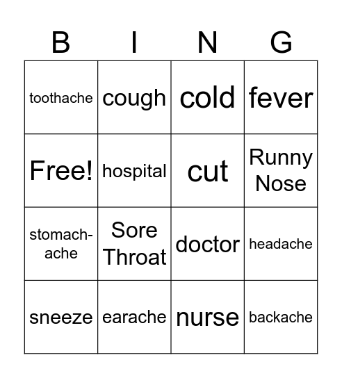 illness Bingo Card