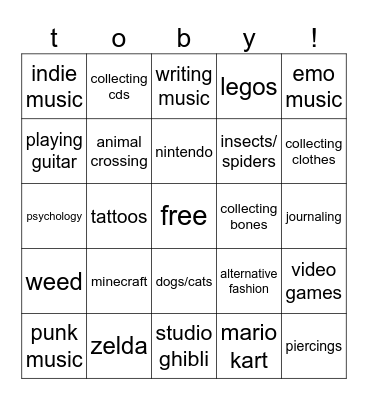 toby’s bingo Card
