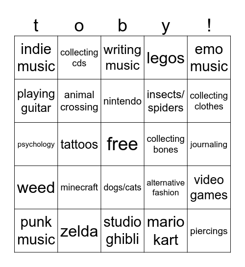 toby’s bingo Card