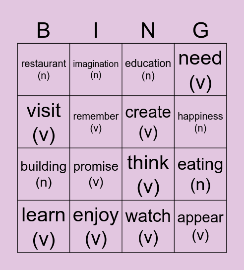 Sentence Structure Bingo Card