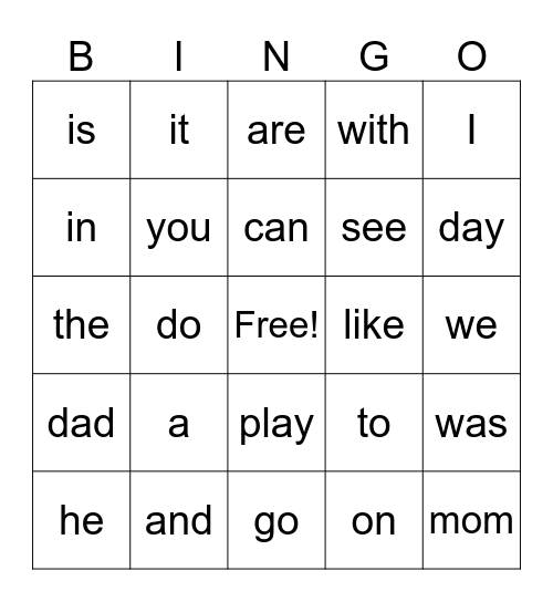 Sight Words Bingo Card