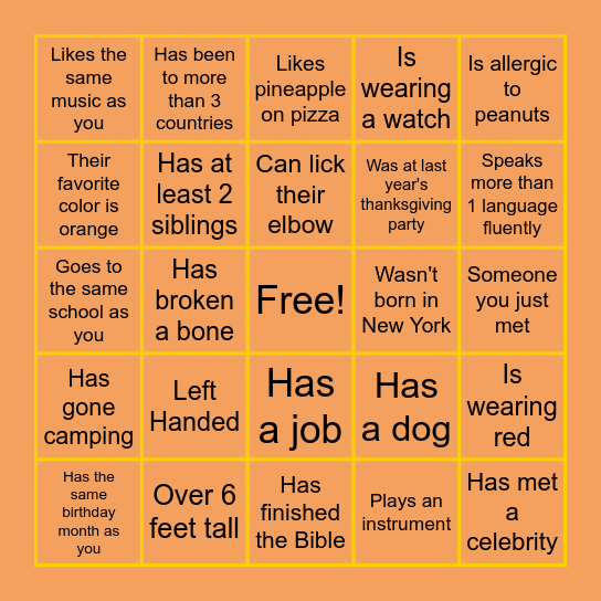 Thanksgiving Party Ice Breaker Bingo Card