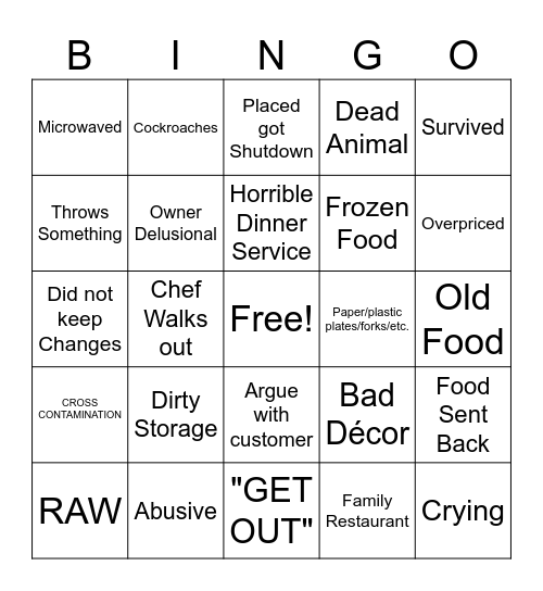 Kitchen Nightmares Bingo Card