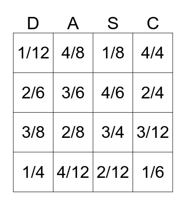 Fraction Bingo  Bingo Card