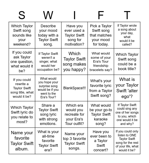 Taylor Swift BINGO Card