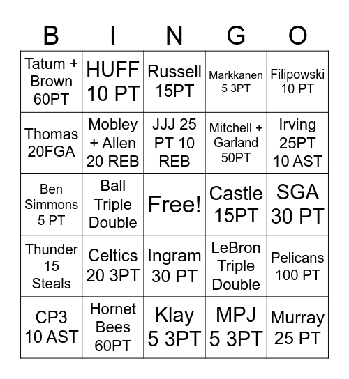 NBA NOVEMBER 19 Bingo Card