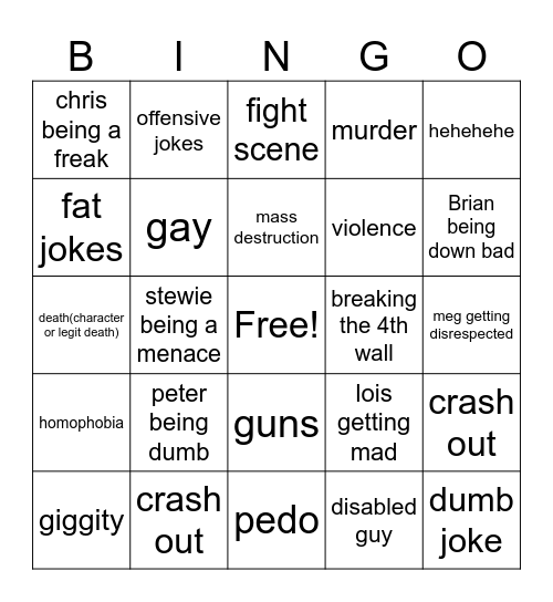 Family guy Bingo Card