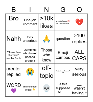 Tiktok comment bingo (top 3 comments only) Bingo Card