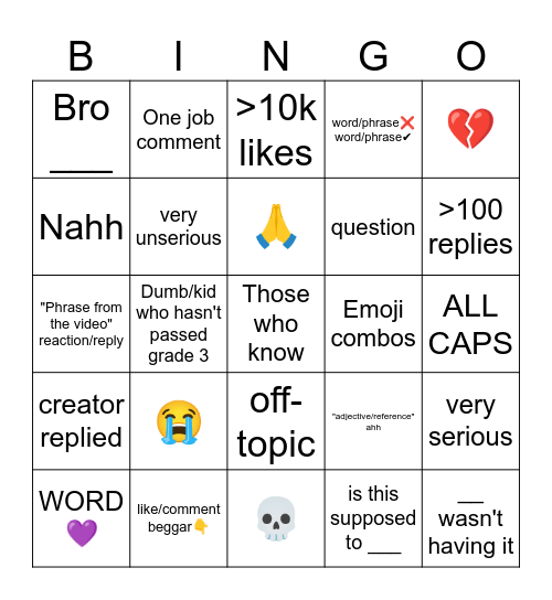 Tiktok comment bingo (top 3 comments only) Bingo Card