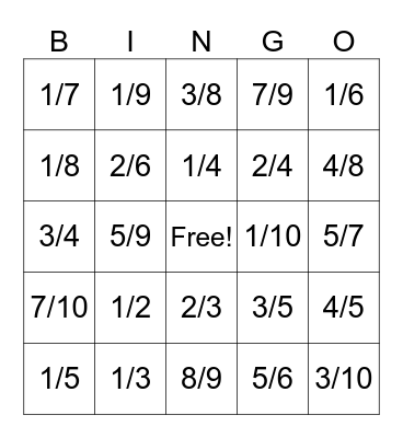 Fractions Bingo Card