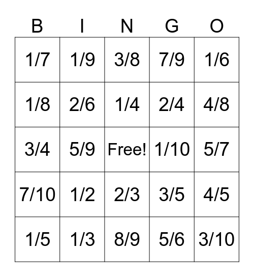 Fractions Bingo Card