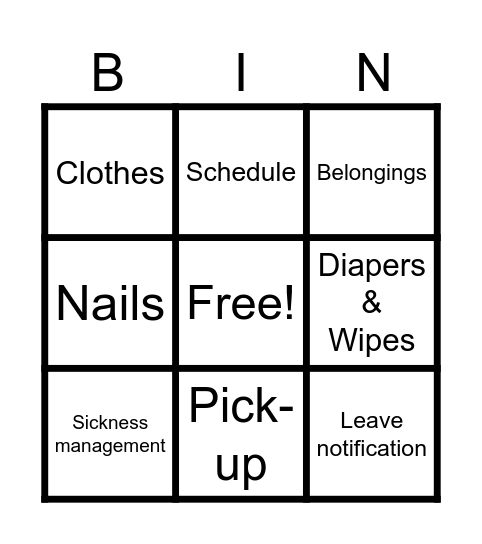 Creche Guidelines Bingo Card