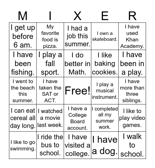 College Test Prep: Find a different person for each box. Bingo Card