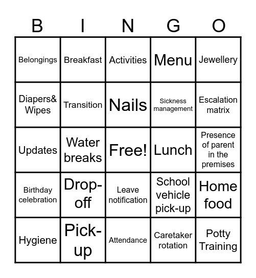 Creche Guidelines Bingo Card