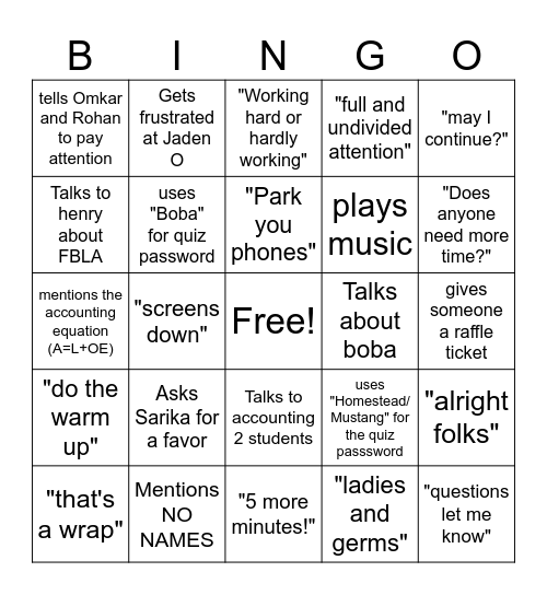 Mrs. Carlson Edition Bingo Card