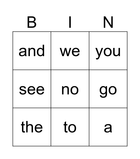 Sight words Bingo Card