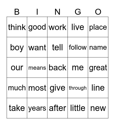 Second 199 words Bingo Card