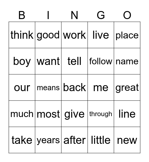 Second 199 words Bingo Card