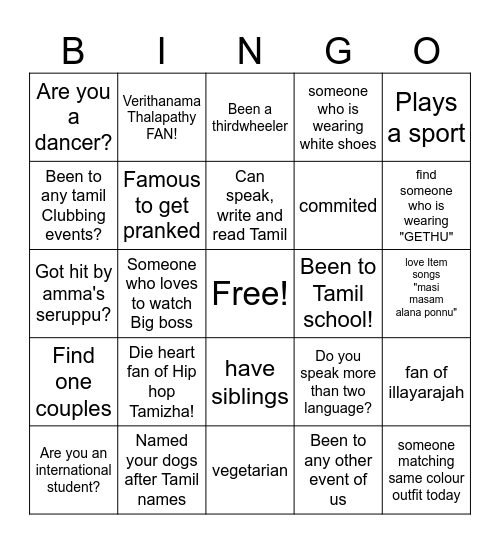 Tamil bingo Card