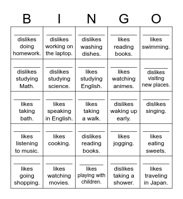 Do you like/dislike 〇〇ing? Bingo Card