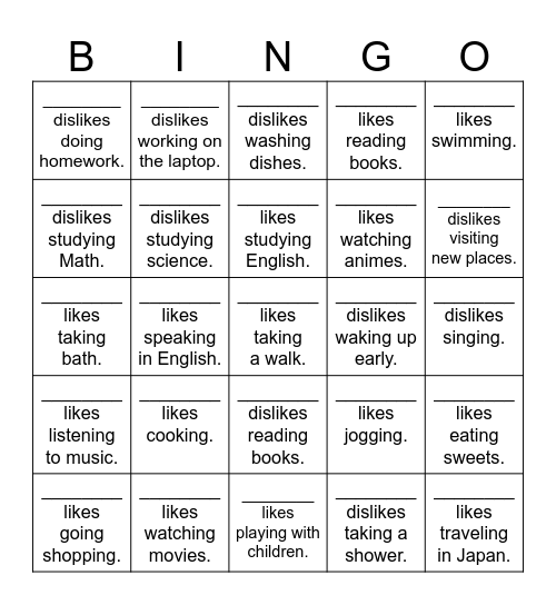 Do you like/dislike 〇〇ing? Bingo Card