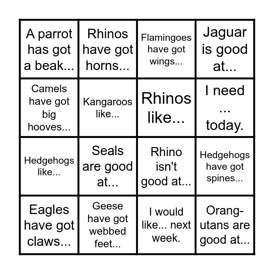 ANIMALS Unit 2 Bingo Card