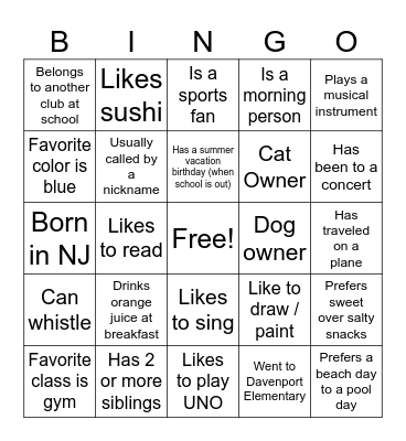 Getting to Know You Bingo Card