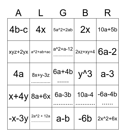 Algebrabingo Card