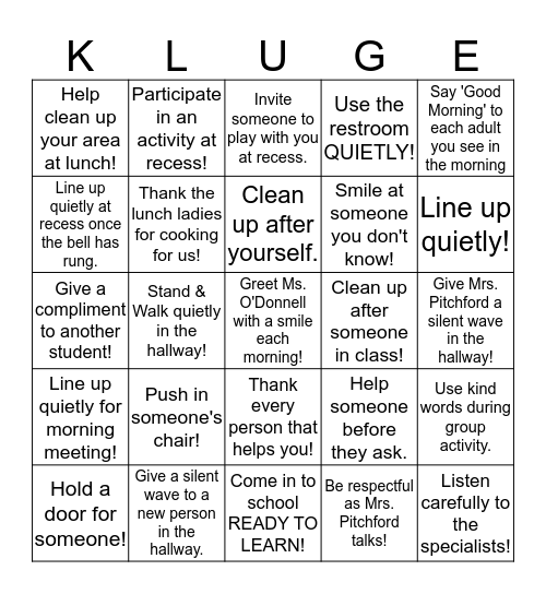 Kindness at Kluge Bingo! Bingo Card