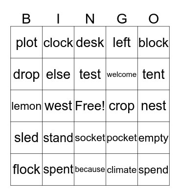 Spelling Word Bingo (Week 2) Bingo Card