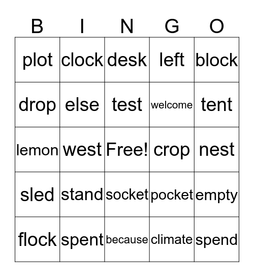 Spelling Word Bingo (Week 2) Bingo Card