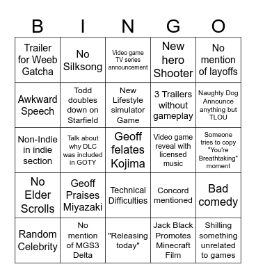 Game Awards 2024 Bingo Card