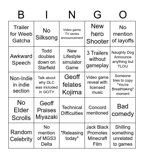 Game Awards 2024 Bingo Card