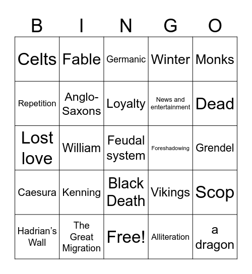 Literature 6V Bingo Card