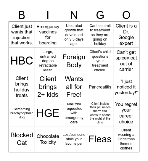 Holiday Veterinary Bing! Bingo Card