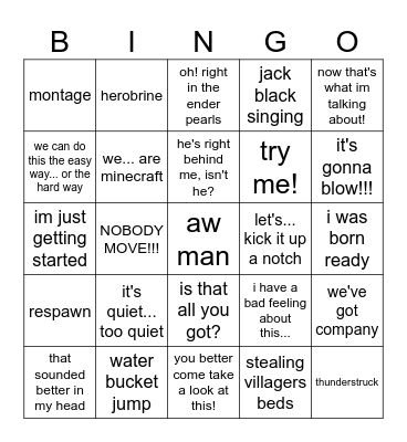 Minecraft Movie Bingo Card
