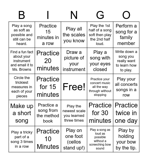 Orchestra Practice Bingo Card