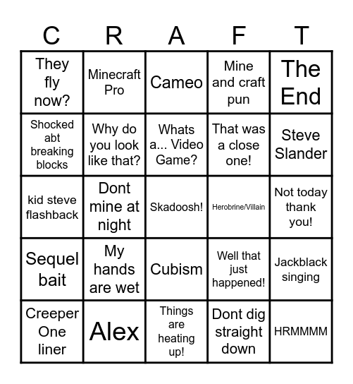 Minecraft Movie Bingo Card