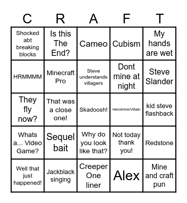 Minecraft Movie Bingo Card