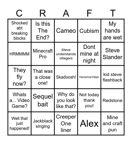 Minecraft Movie Bingo Card