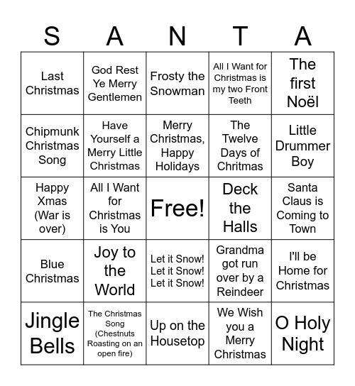 Christmas songs BINGO Card