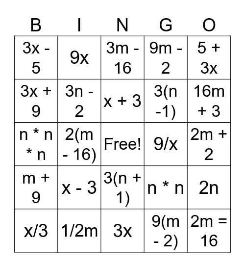 Translating Algebraic Expressions Bingo Card