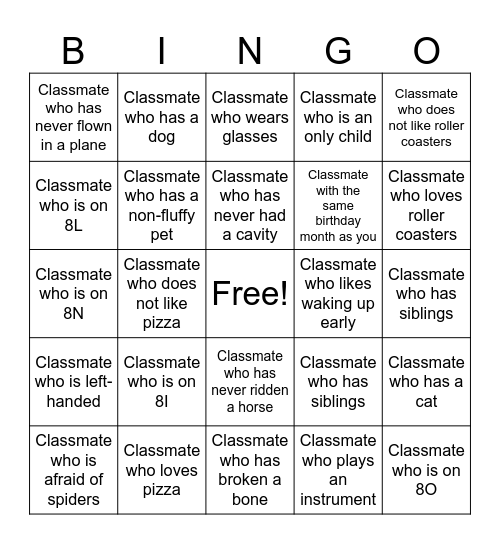 Classmate Bingo Card