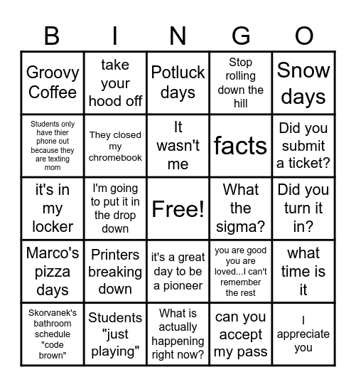 EHMS STAFF BINGO Card