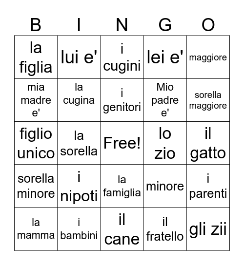 la famiglia Bingo Card