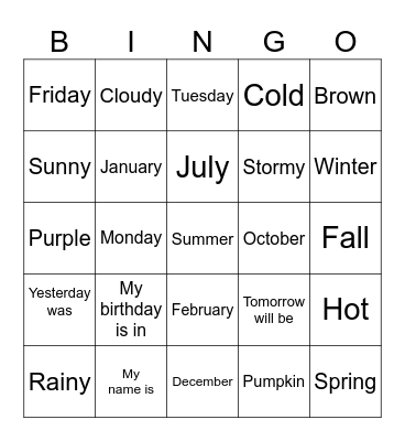 English Class Bingo Card