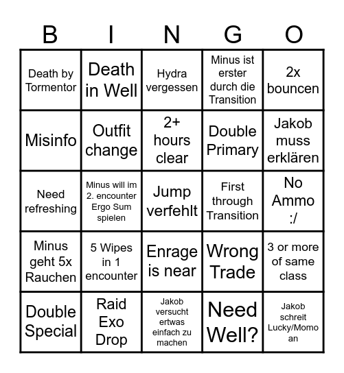 Destiny SE Raid Rugi Bingo Card